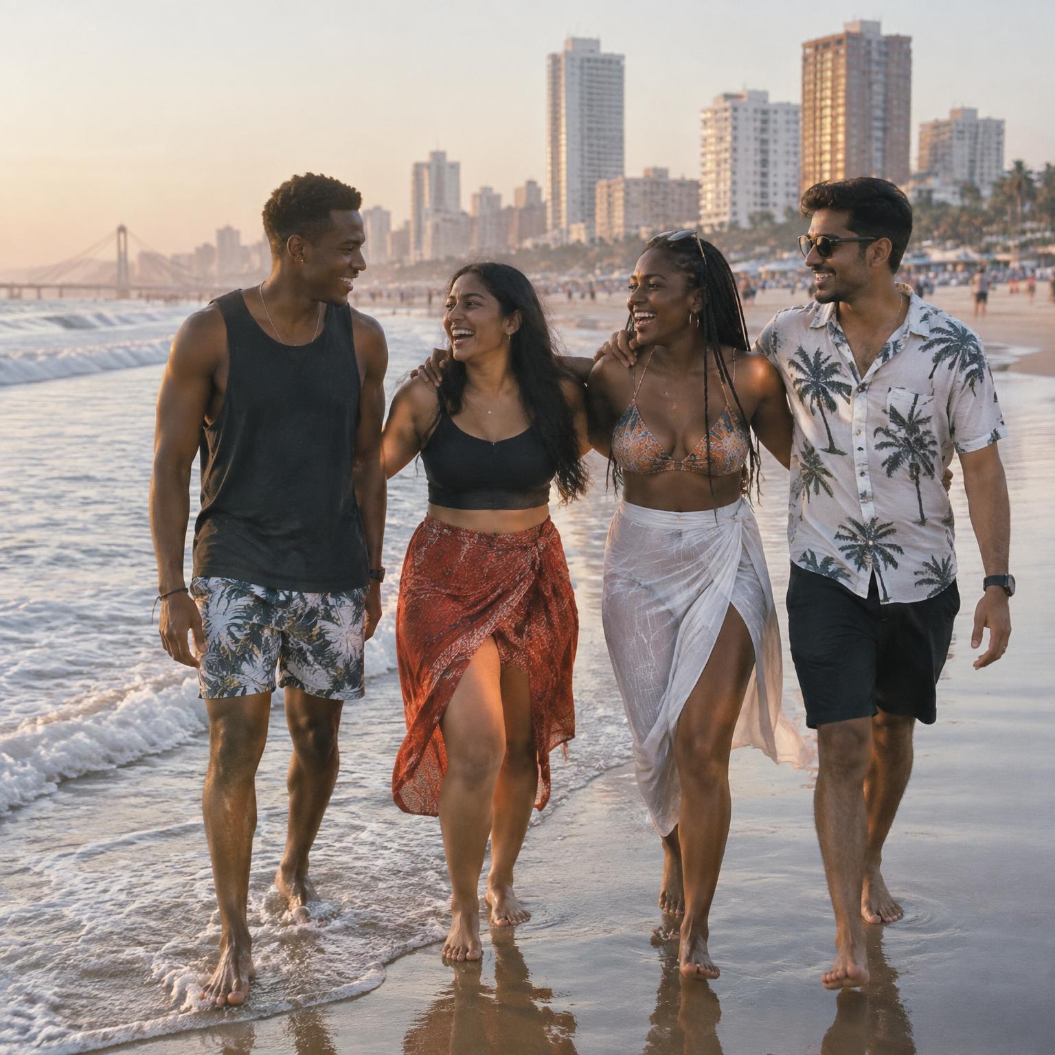 Travellers walking the beach on the KwaZulu-Natal coast, Durban