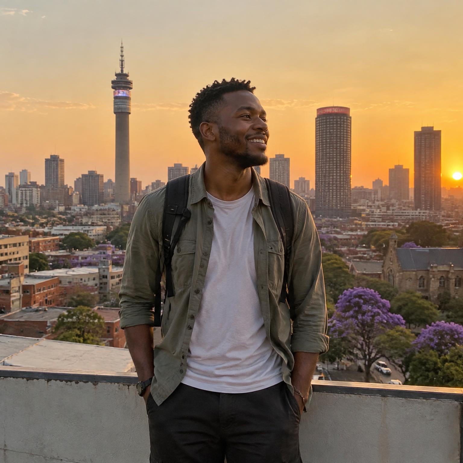 A solo traveller at sunset over Johannesburg